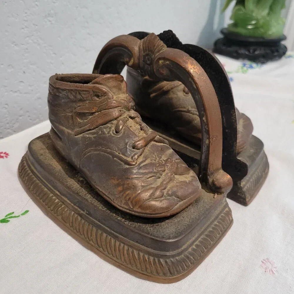 Vintage or Antique Baby Shoe Bookends Doorstop Bronze Heavy patina